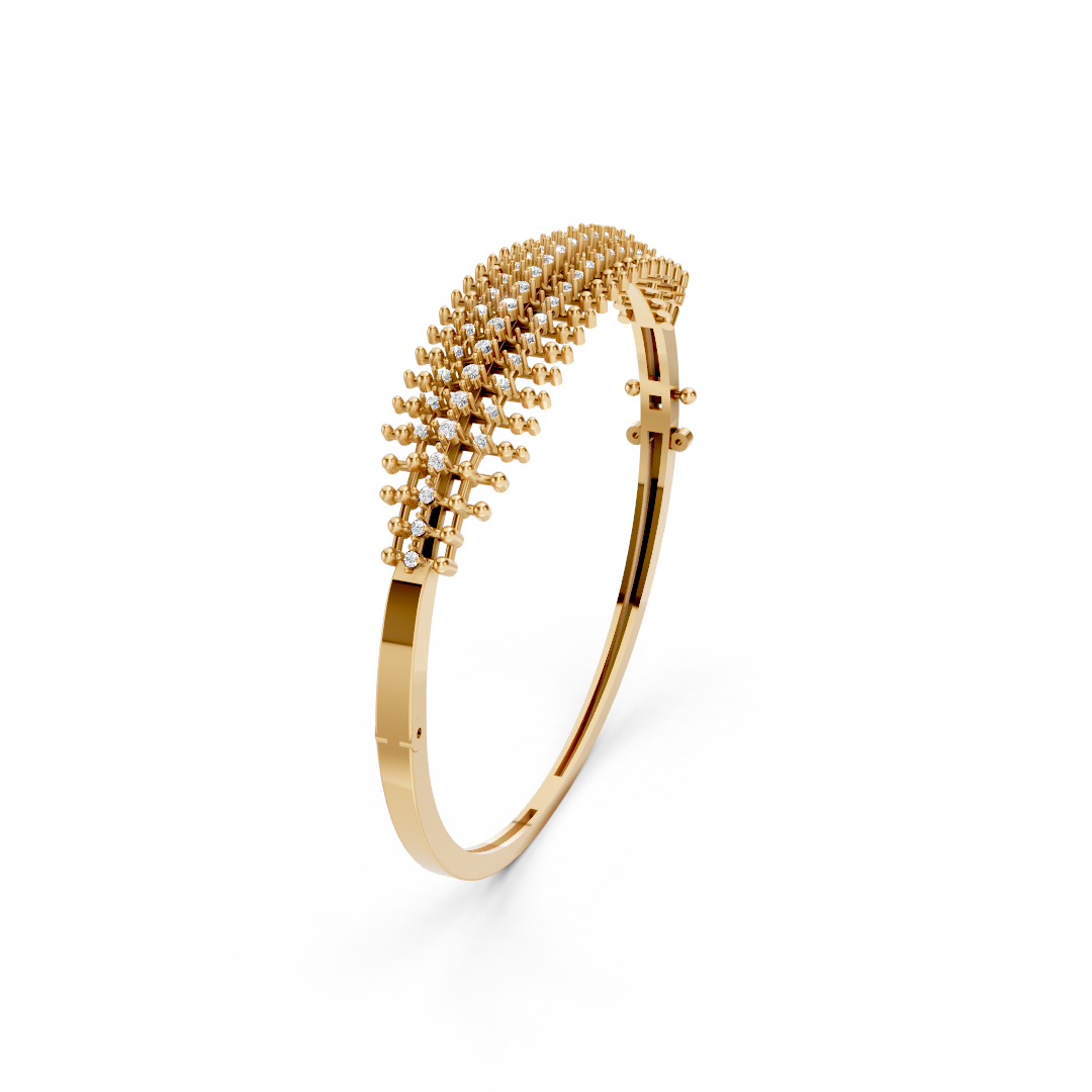 Yellow Gold Diamond Grid Beaded Bangle Set