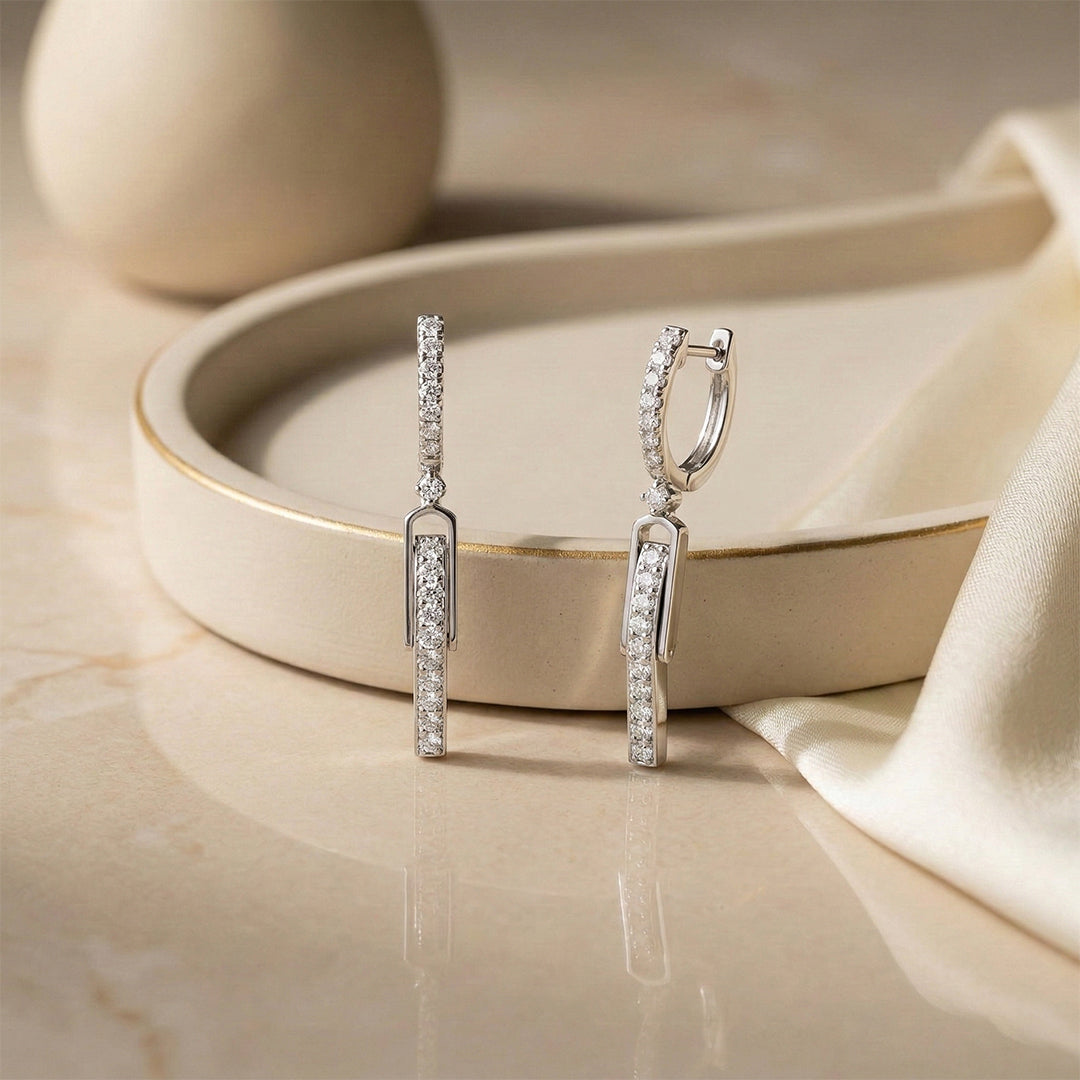 Diamond Geometric Floral Dangle White Gold Earrings