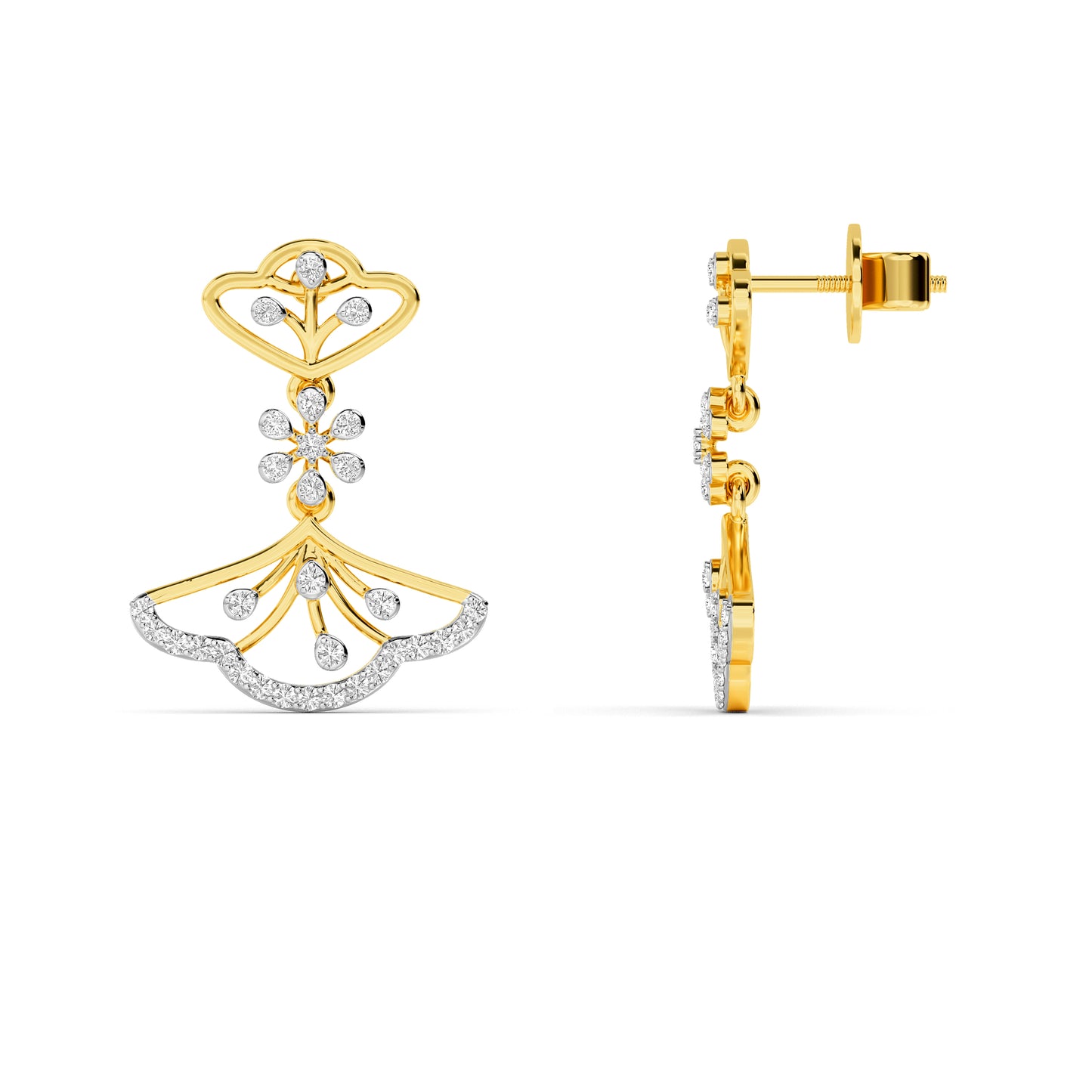 Ginkgo Fan Diamond Drop Earrings 18K Yellow Gold