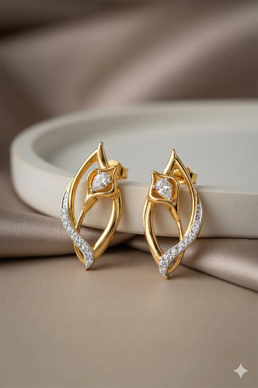 Yellow Gold Leaf Marquise Diamond Stud Earrings