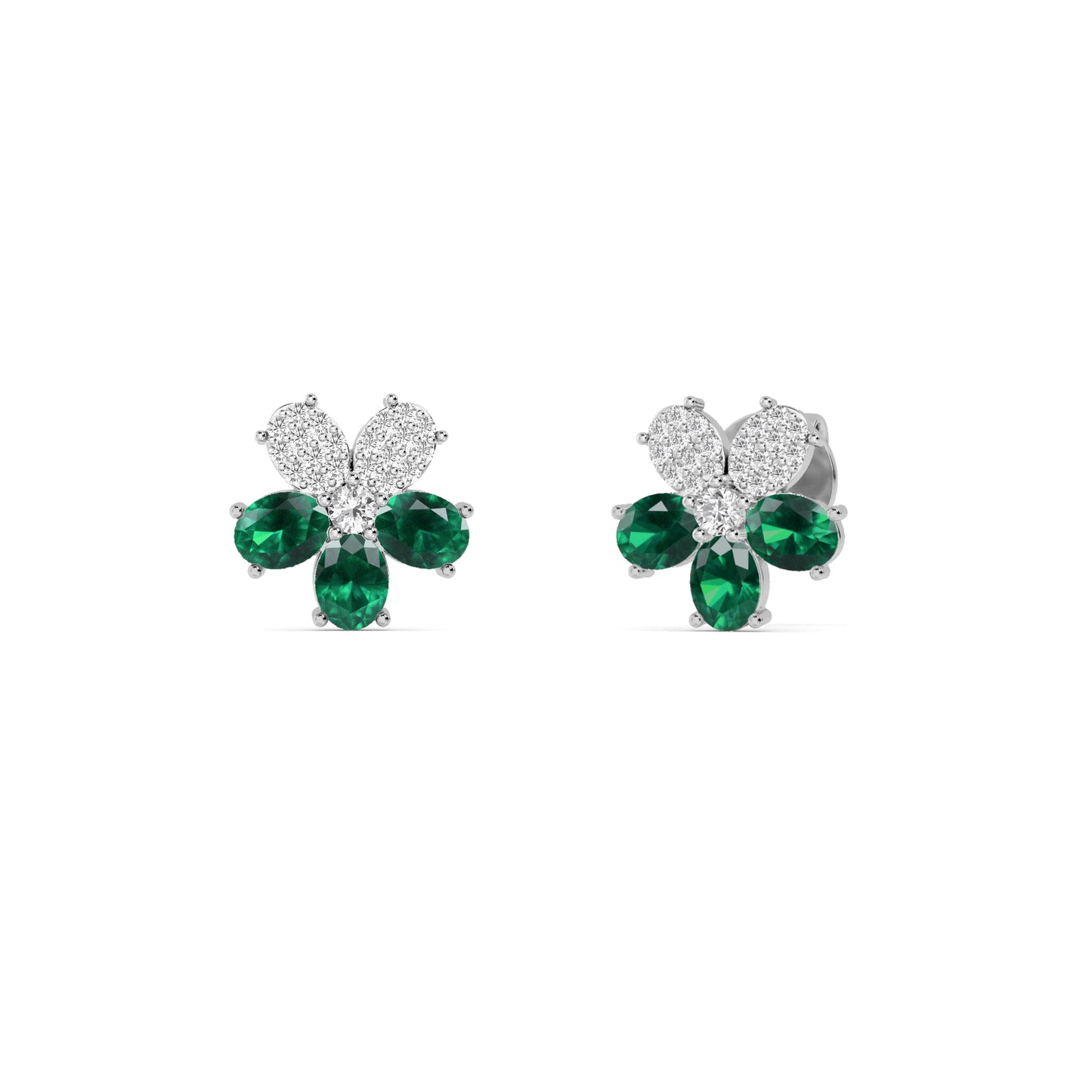 White Gold Emerald Diamond Flower Stud Earrings