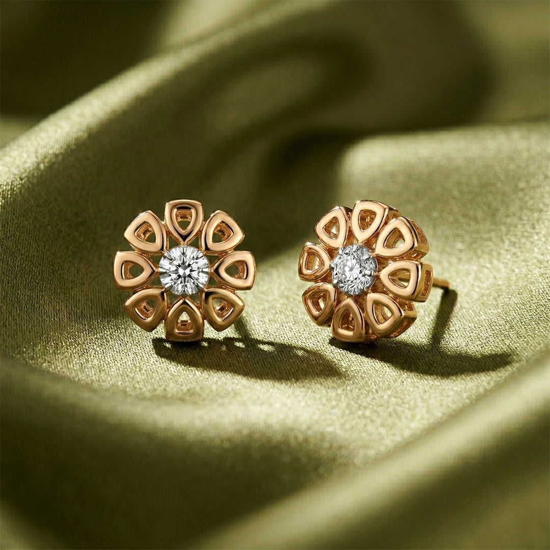 Yellow Gold Flower Diamond Solitaire Stud Earrings