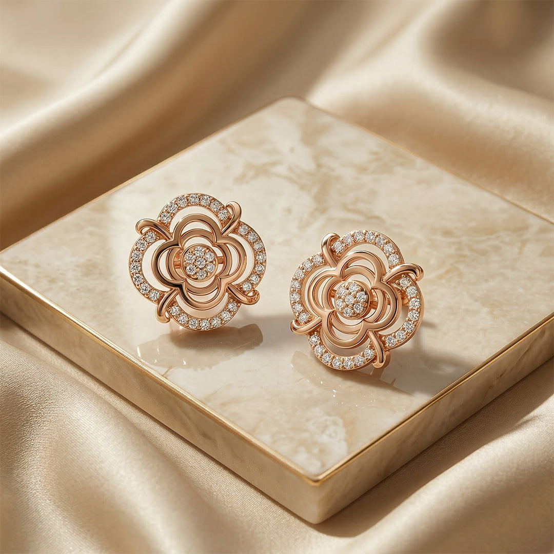 18K Rose Gold Sculpted Flower Diamond Earrings