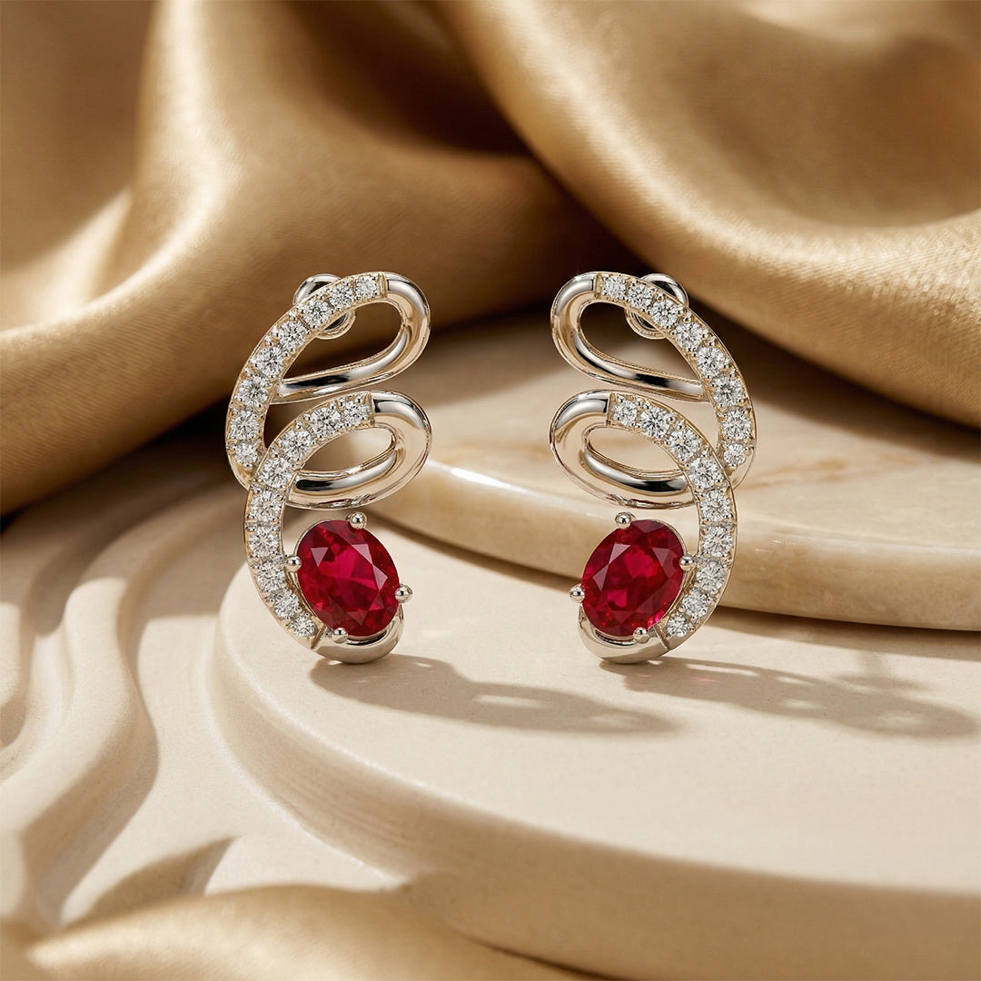 White Gold Ruby Spiral Pavé Diamond Earrings