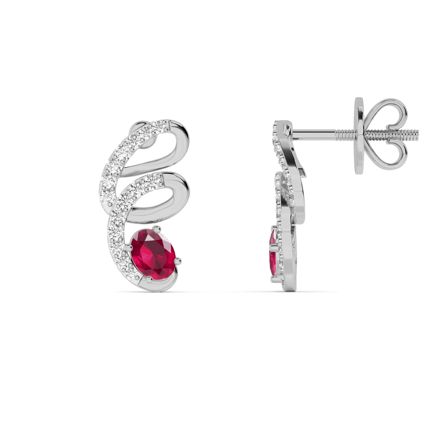 White Gold Ruby Spiral Pavé Diamond Earrings