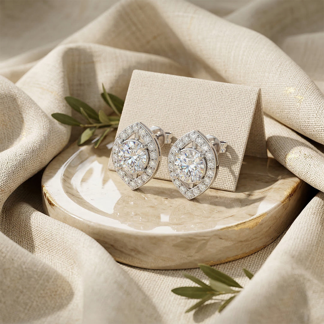 925 Silver Diamond Marquise Halo Stud Earrings
