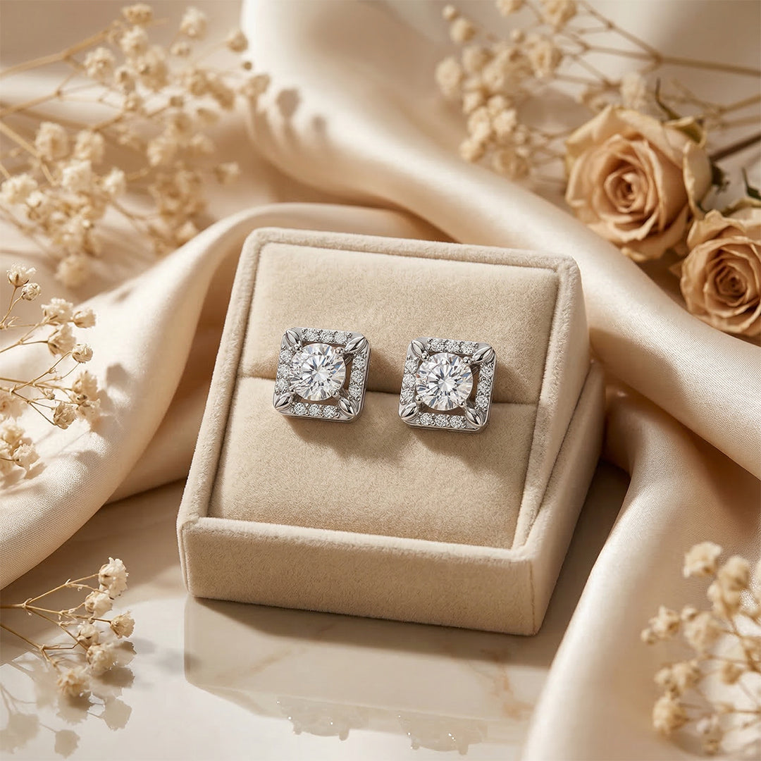 925 Silver Diamond Square Halo Stud Earrings