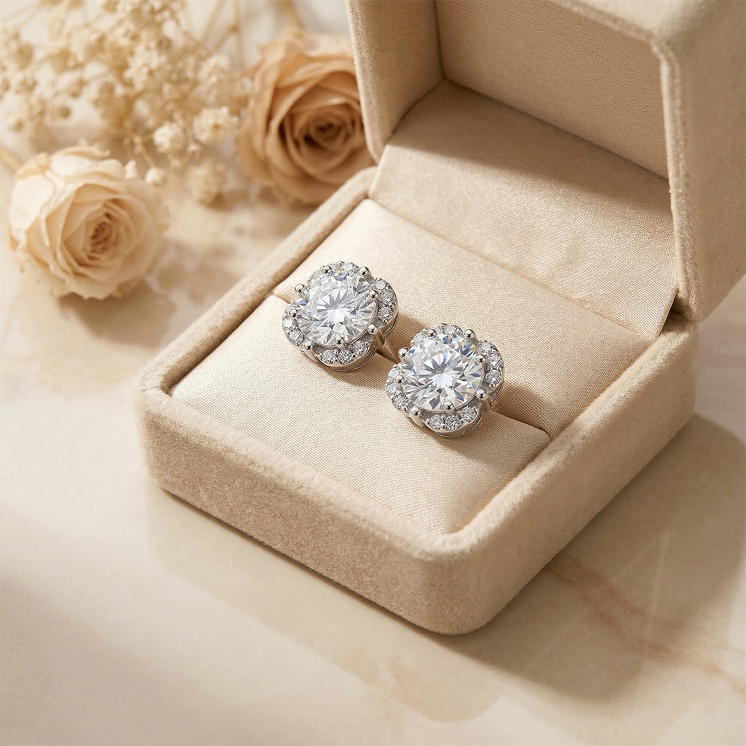 925 Silver Round Diamond Halo Stud Earrings