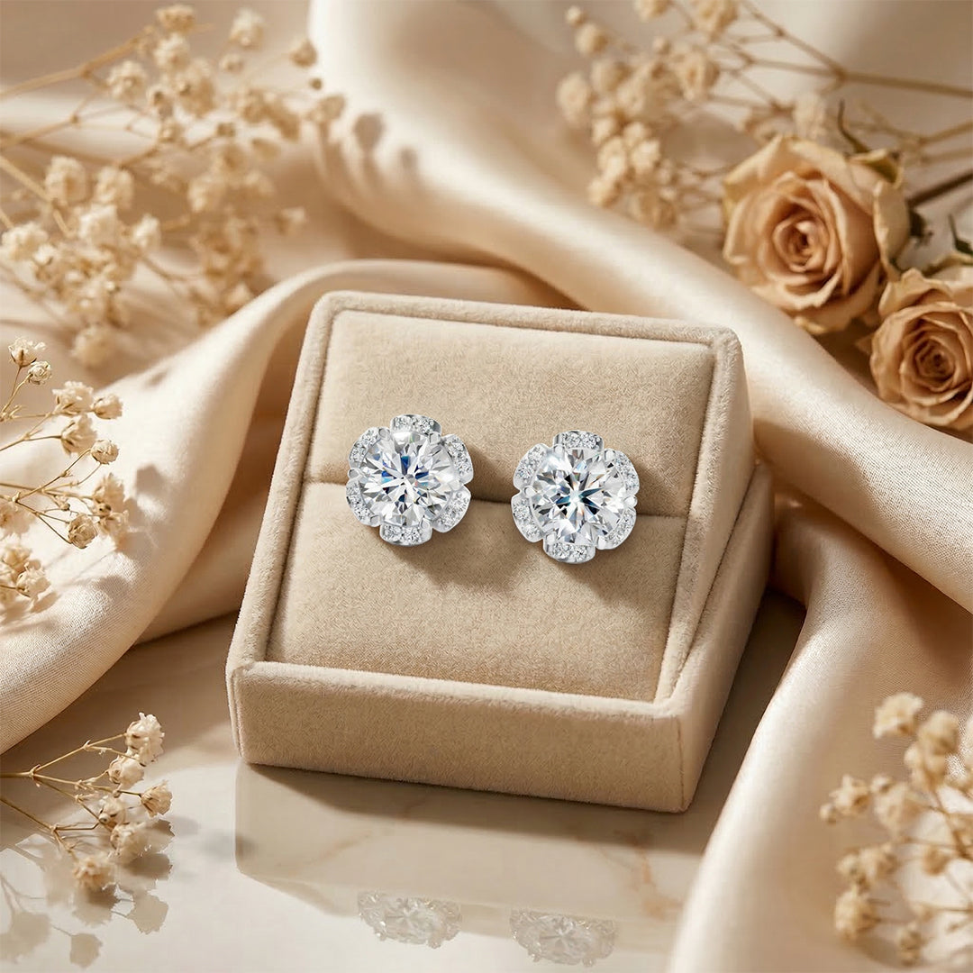 925 Silver Diamond Flower Halo Stud Earrings