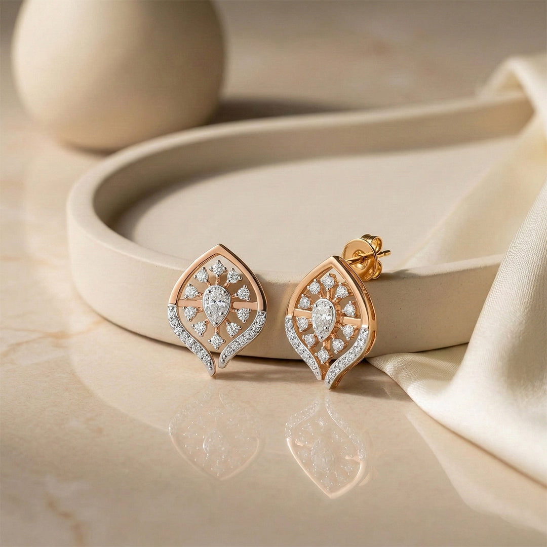 Rose Gold Diamond Sunburst Leaf Stud Earrings