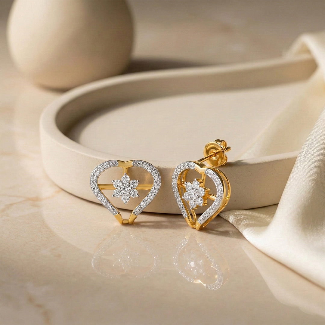 Yellow Gold Heart Diamond Cluster Studs