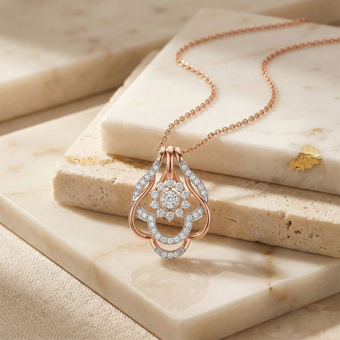 Rose Gold Diamond Floral Lattice Pendant Necklace