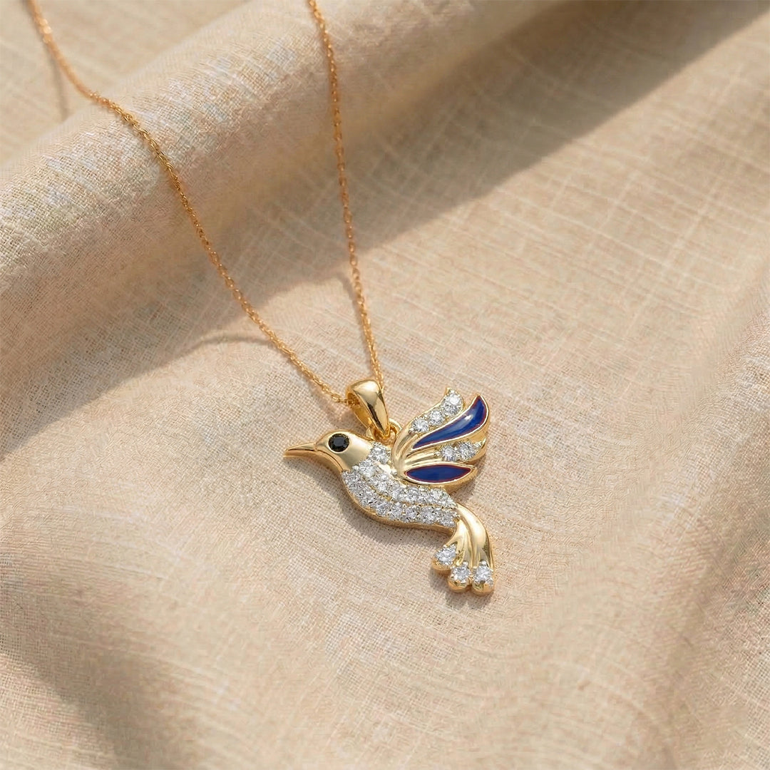 Yellow Gold Blue Enamel Hummingbird Pendant