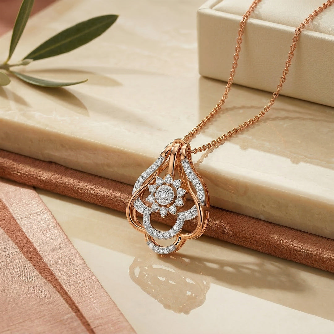 Rose Gold Floral Halo Cluster Diamond Pendant