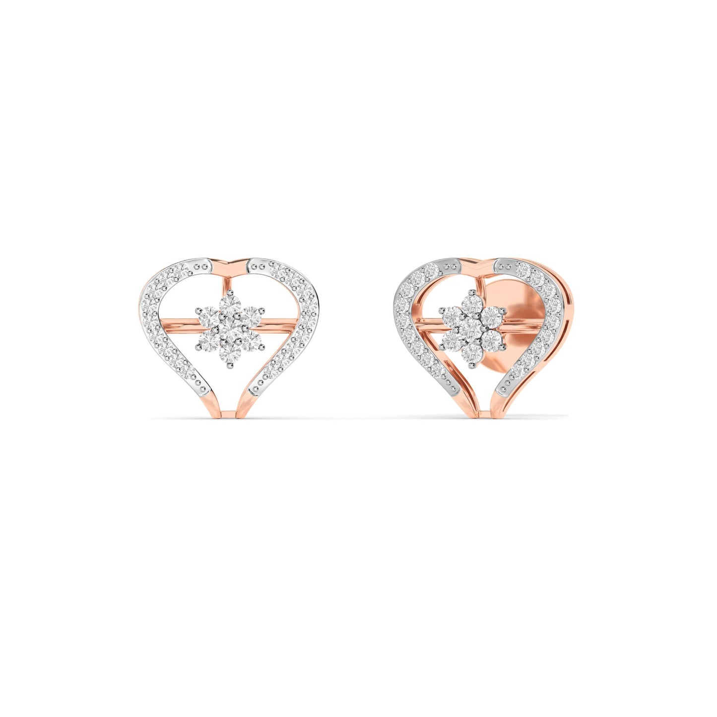 Rose Gold Open Heart Cluster Diamond Stud Earrings