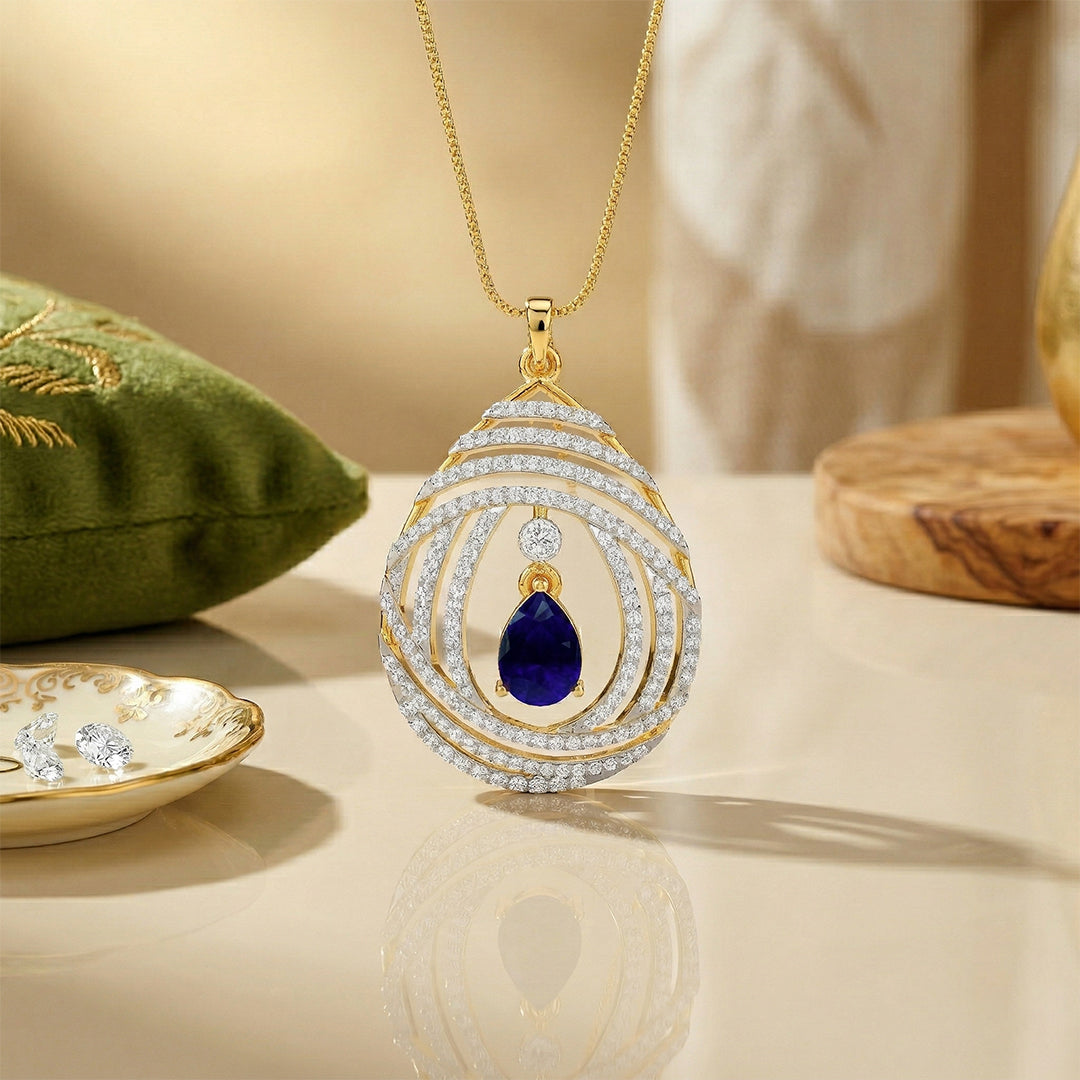 Spiral Diamond Blue Sapphire Drop Pendant