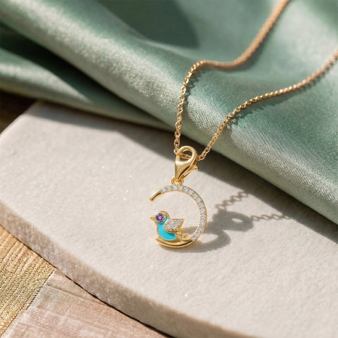 Yellow Gold Bird Moon Enamel Diamond Charm