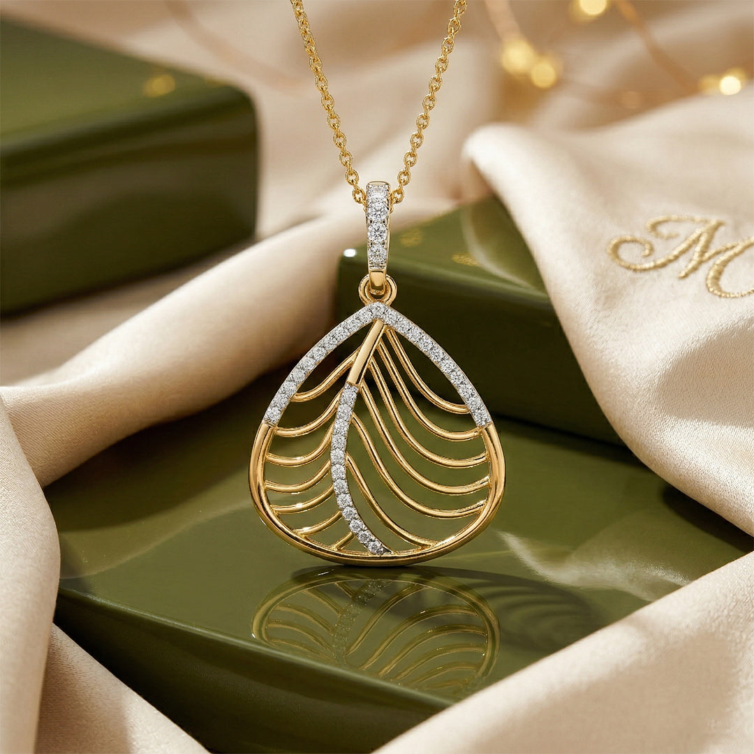 Yellow Gold Feather Leaf Diamond Pendant