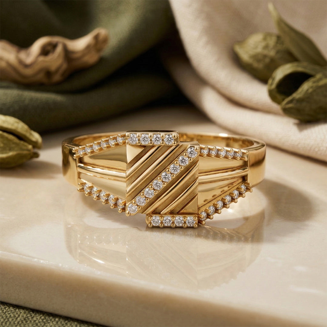 Yellow Gold Geometric Diamond Crossbar Ring