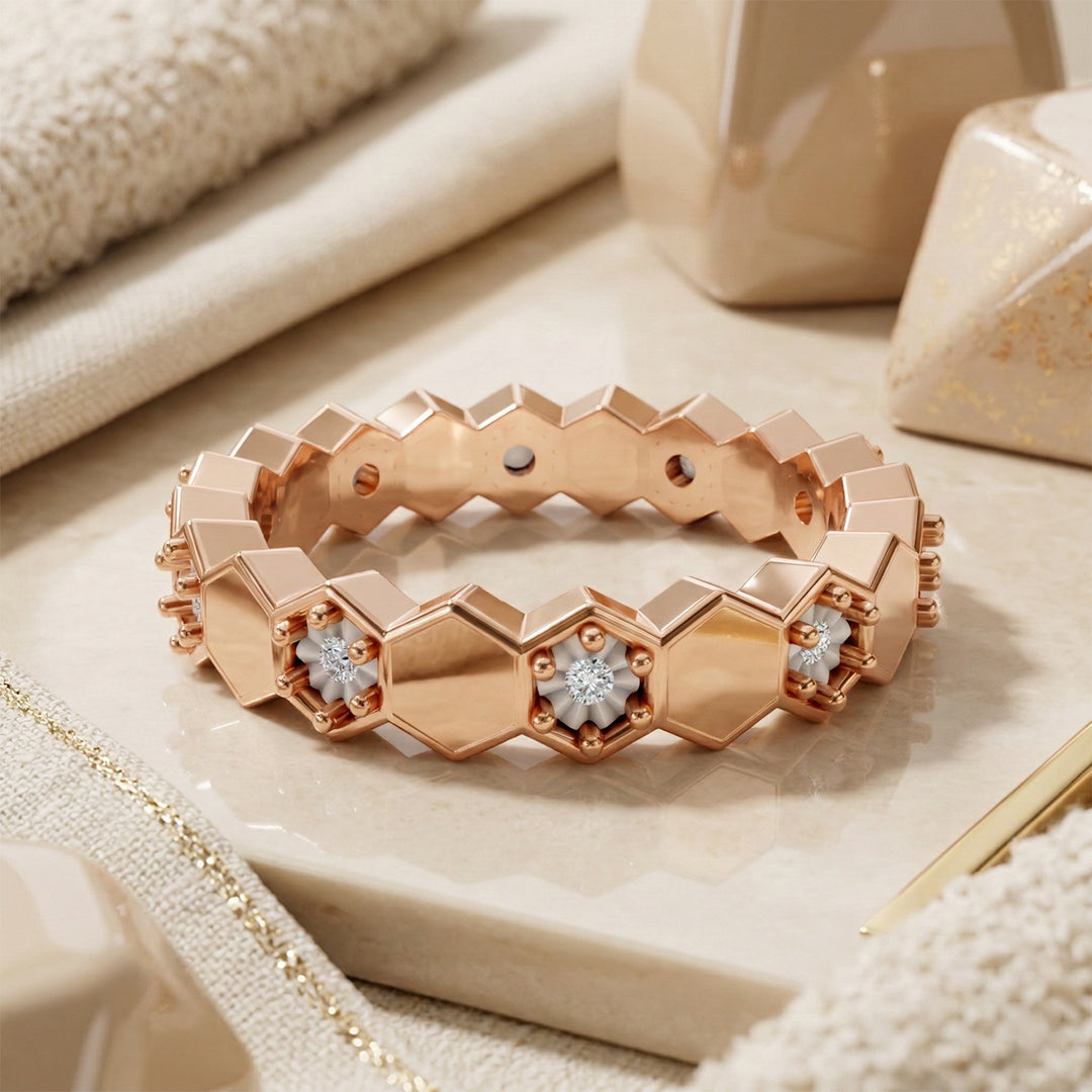 Rose Gold Hexagon Diamond Eternity Band Ring