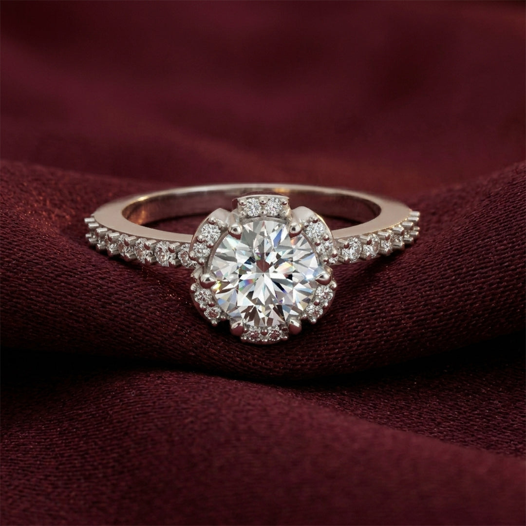 925 Silver Halo Round Diamond Scalloped Ring