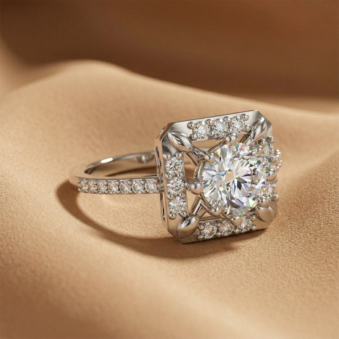 925 Silver Square Halo Diamond Statement Ring