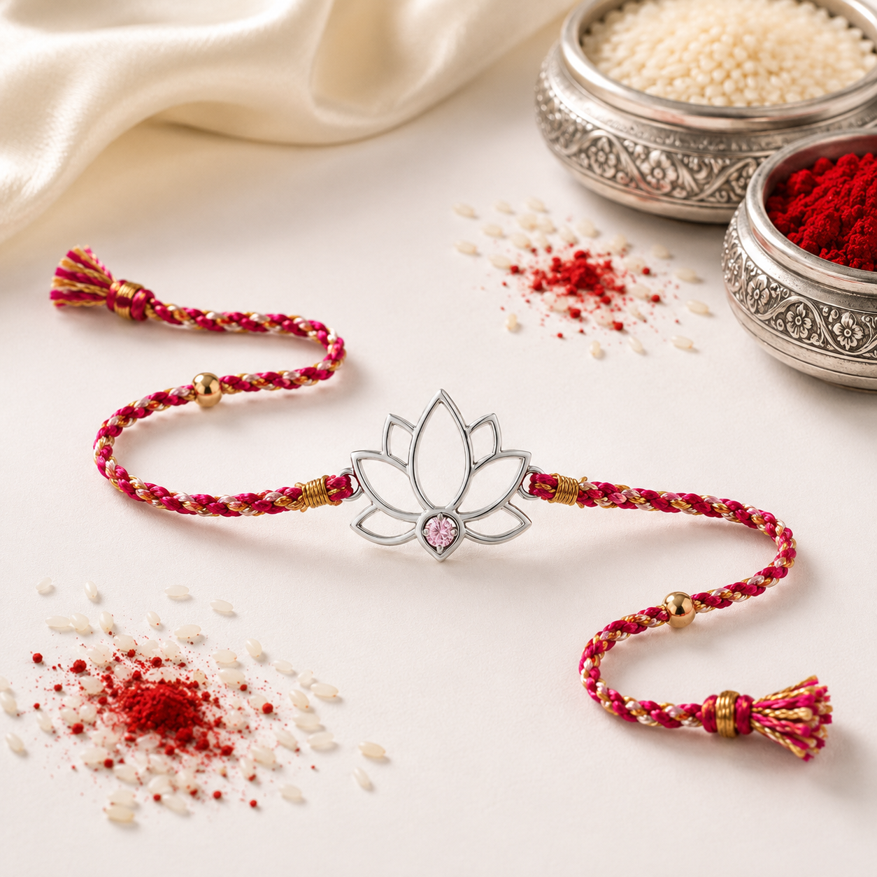 925 Silver Lotus Bloom With Cubic Zircon Rakhi