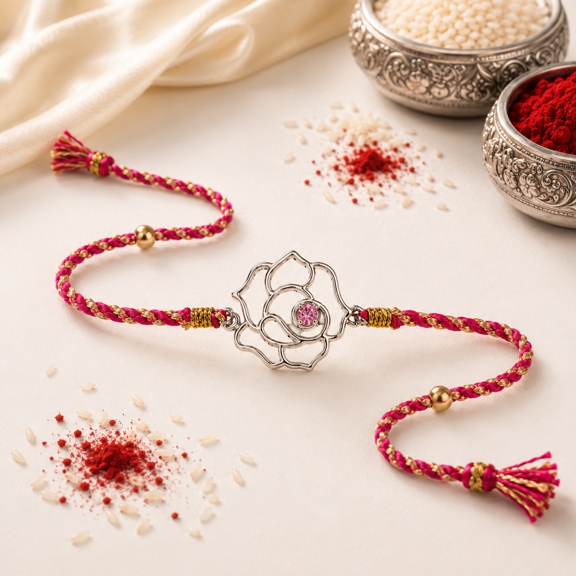 Rose Bloom Cubic Zirconia 925 Silver Rakhi for Brother