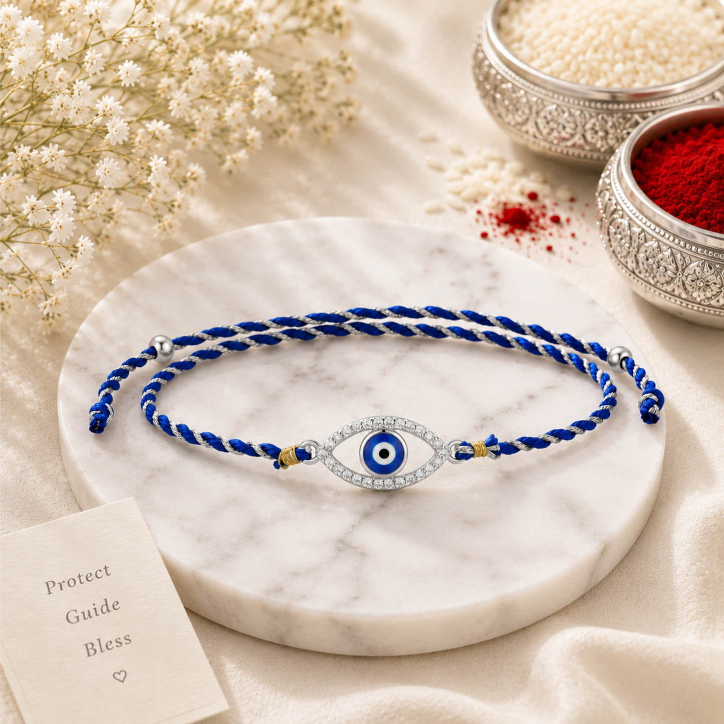 Royal Evil Eye Cubic Zirconia 925 Silver Rakhi for Brother