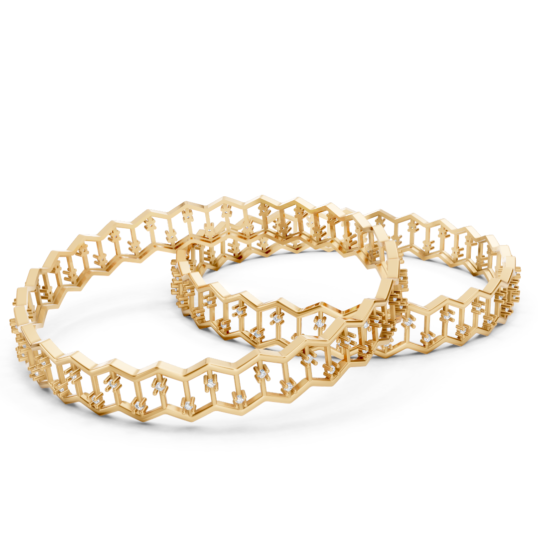 Yellow Gold Honeycomb Diamond Geometric Bangle Set