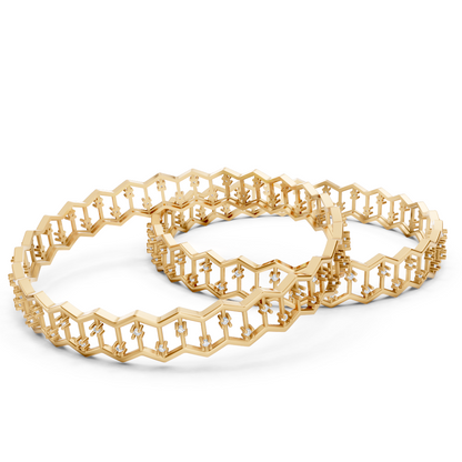 Yellow Gold Honeycomb Diamond Geometric Bangle Set