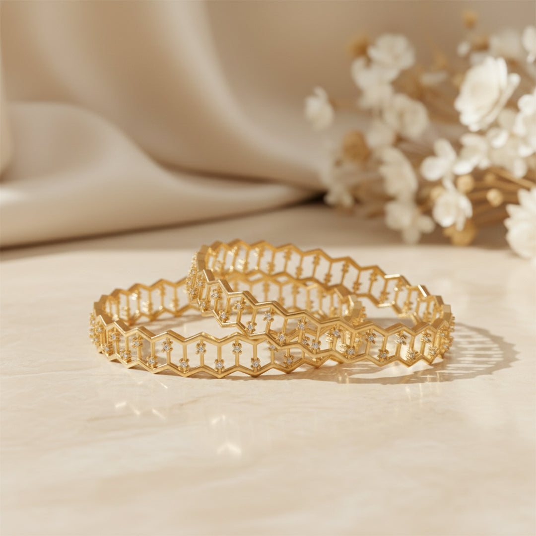 Yellow Gold Honeycomb Diamond Geometric Bangle Set