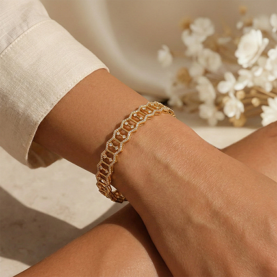Yellow Gold Honeycomb Diamond Geometric Bangle Set