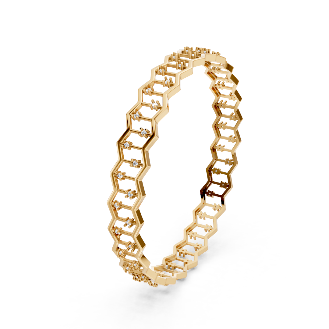 Yellow Gold Honeycomb Diamond Geometric Bangle Set