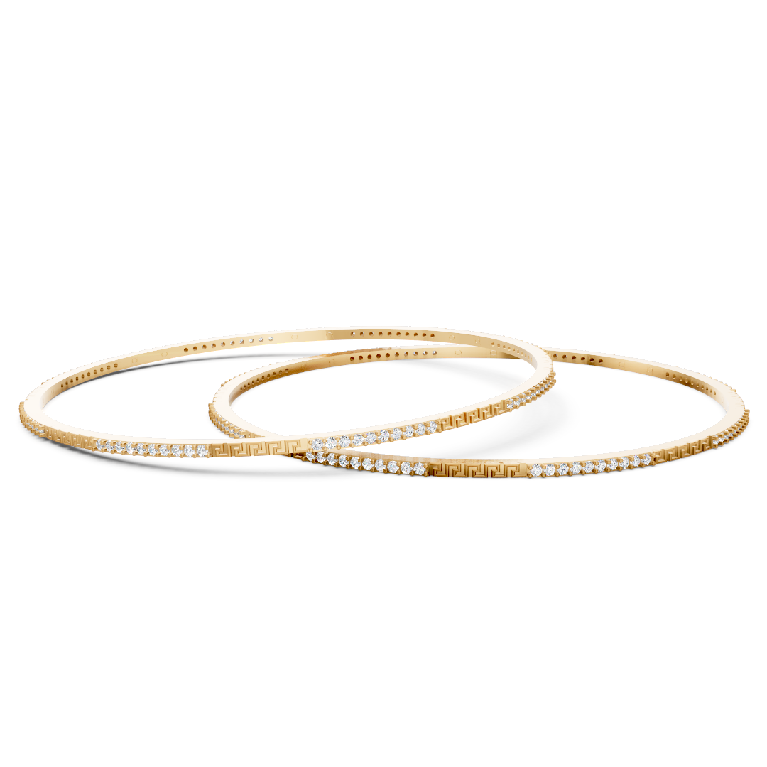 Yellow Gold Greek Key Diamond Slim Bangle Set