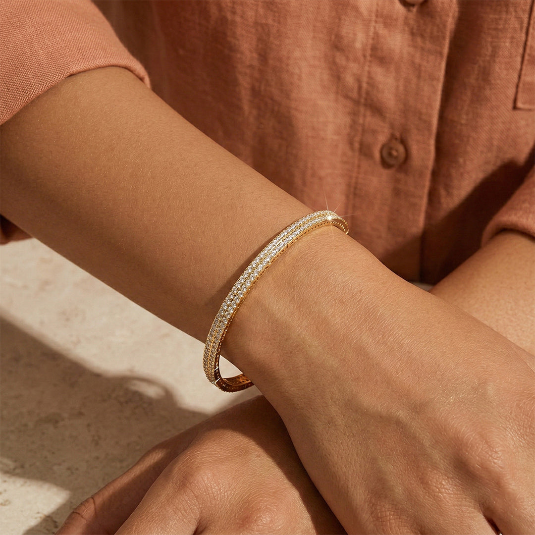 Yellow Gold Greek Key Diamond Slim Bangle Set