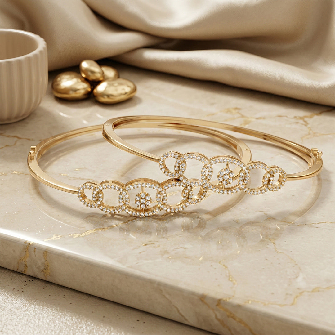 Yellow Gold Linked Circle Diamond Bangle Set