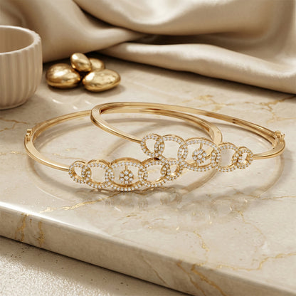 Yellow Gold Linked Circle Diamond Bangle Set