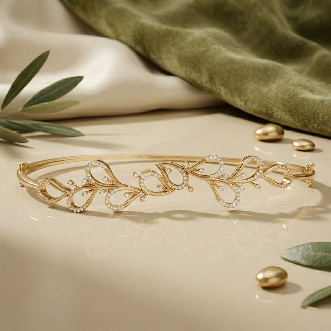 Vine Scroll Diamond Floral Hinged Bangle