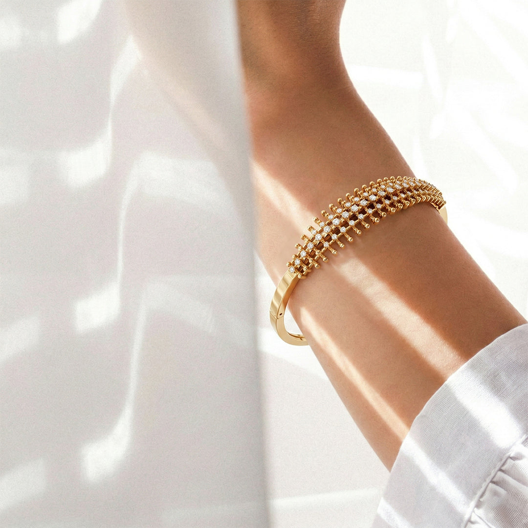 Yellow Gold Diamond Grid Beaded Bangle Set
