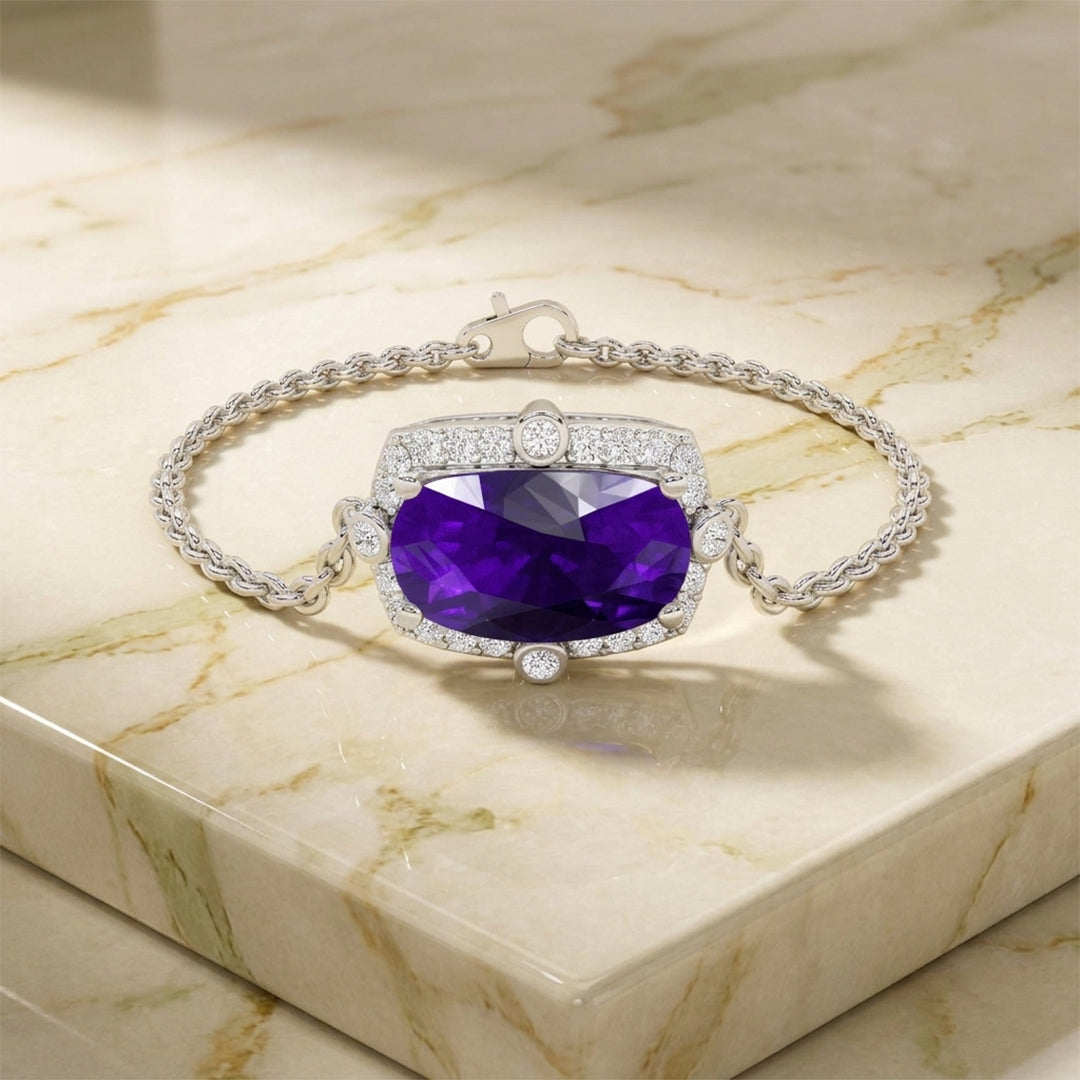 Amethyst Cushion Halo Diamond Chain Bracelet