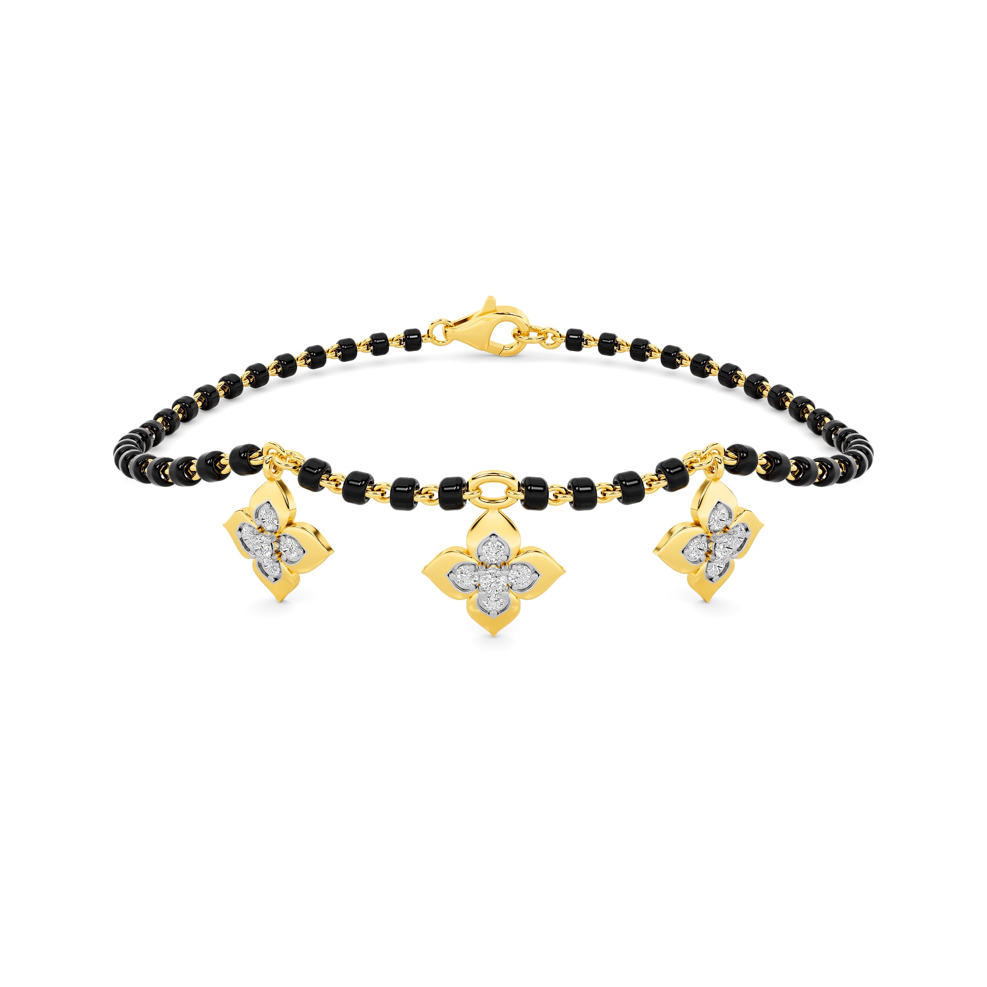 Black Bead Diamond Floral Charm Bracelet