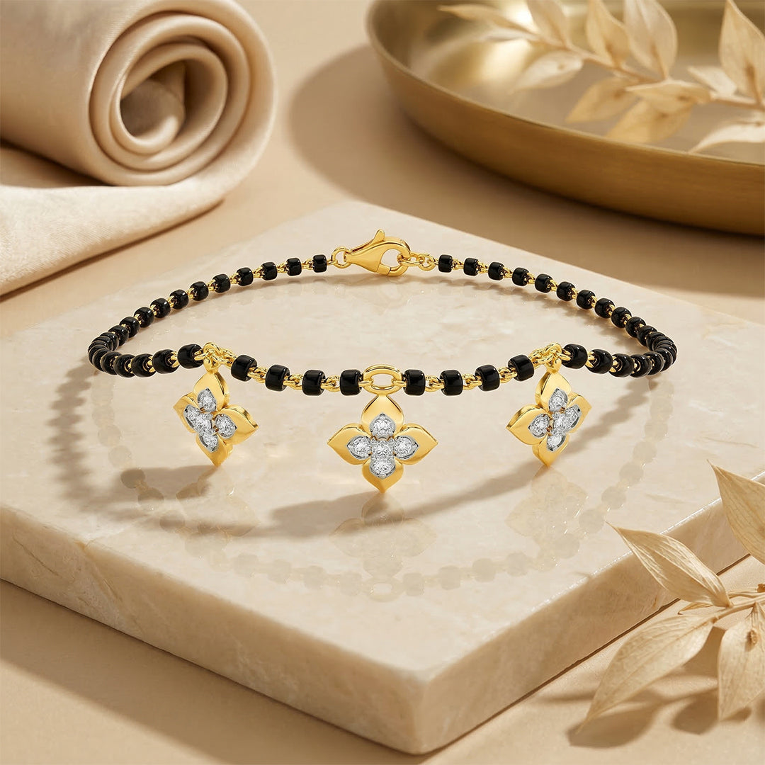 Black Bead Diamond Floral Charm Bracelet