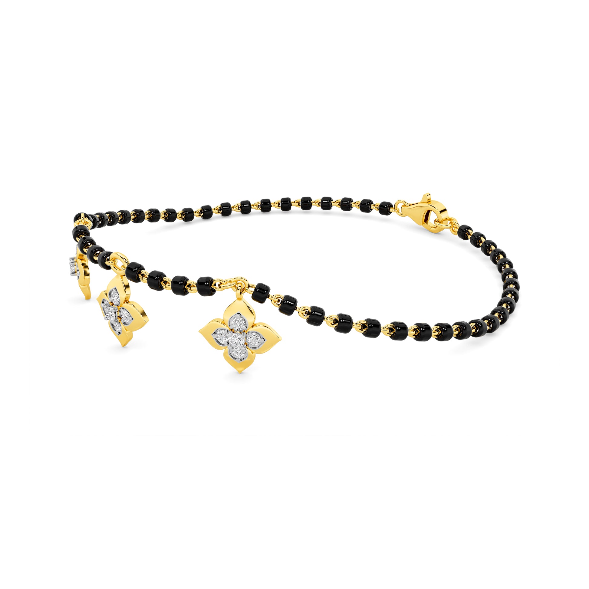 Black Bead Diamond Floral Charm Bracelet