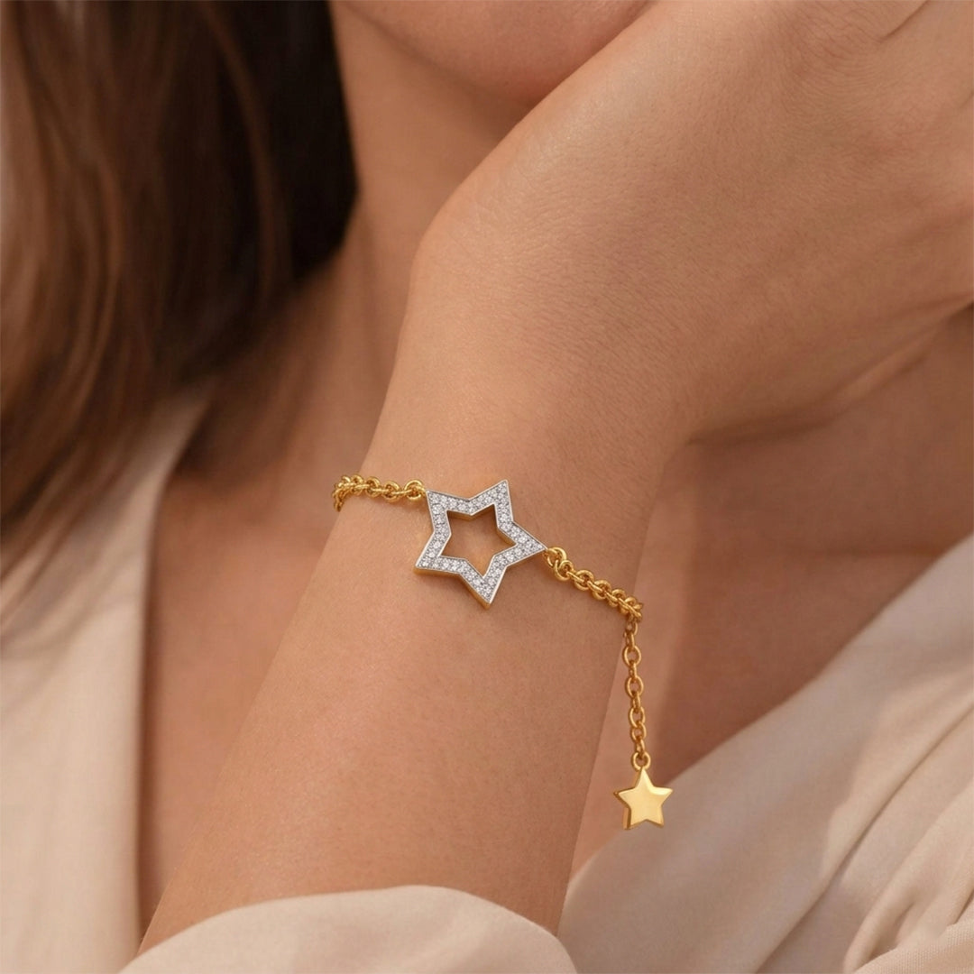 Yellow Gold Open Star Diamond Chain Bracelet