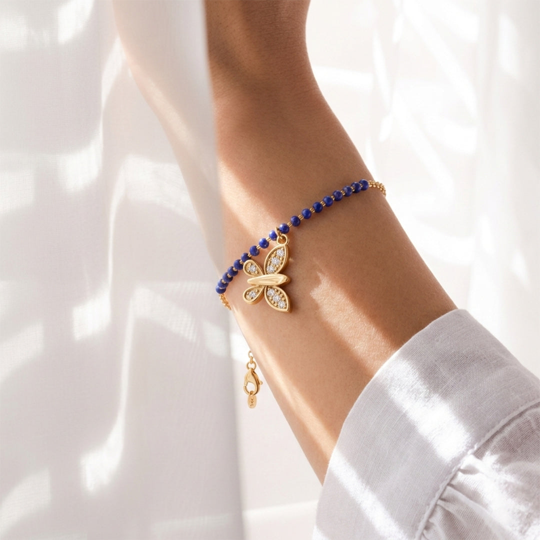 18K Yellow Gold Butterfly Diamond Bead Bracelet