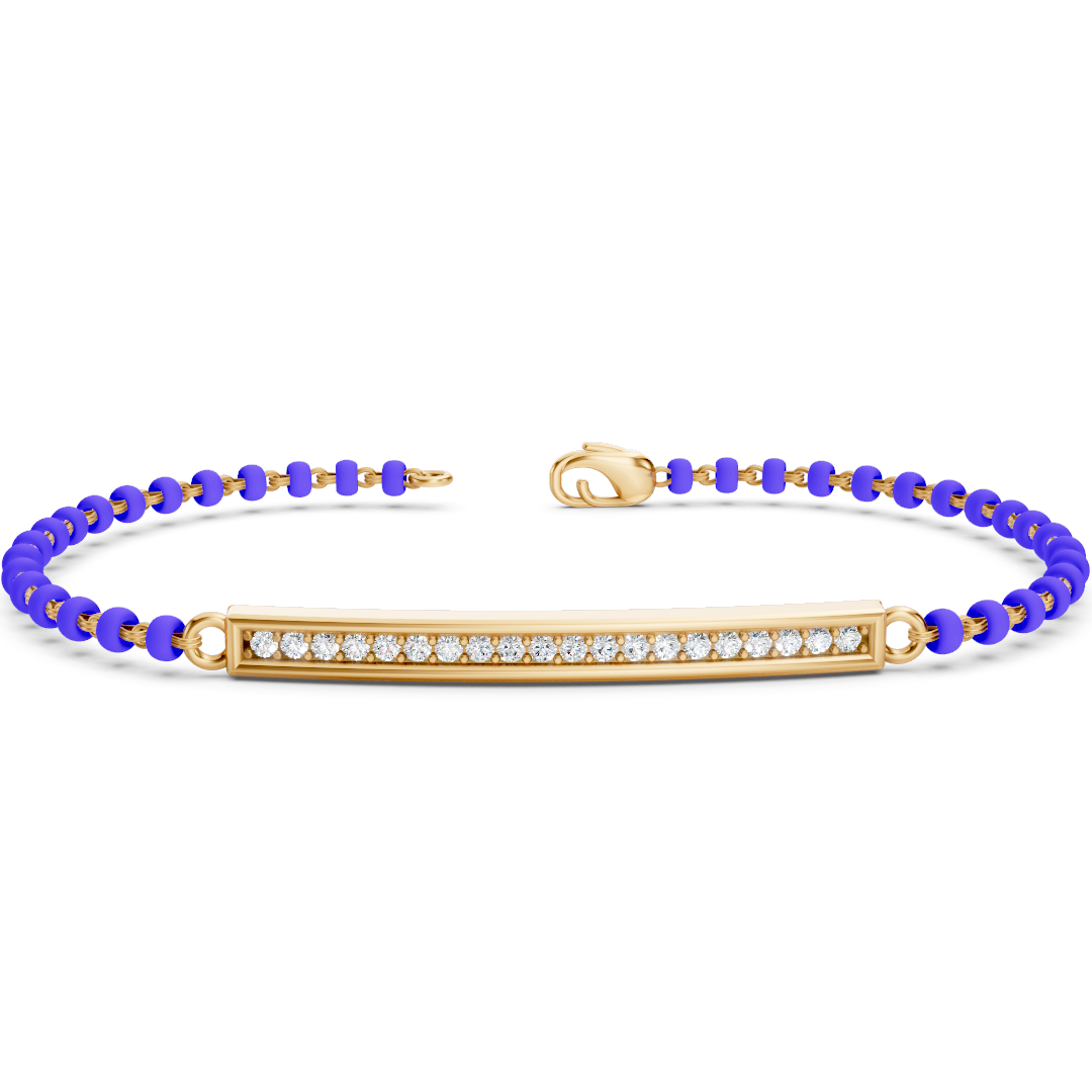 Gold Diamond Bar Blue Bead Bracelet