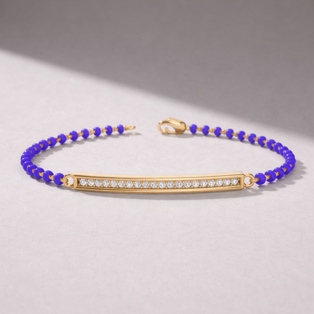 Gold Diamond Bar Blue Bead Bracelet