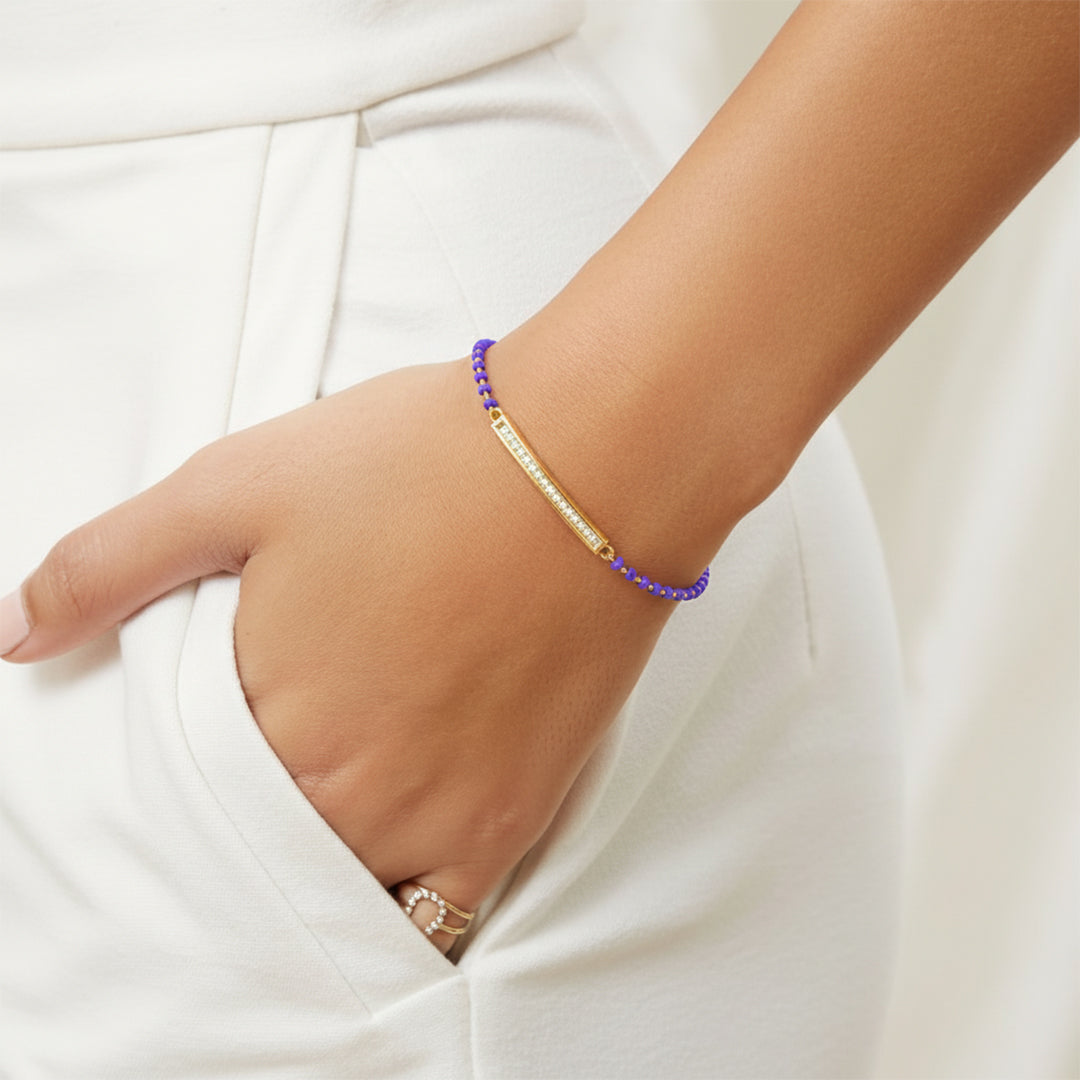 Gold Diamond Bar Blue Bead Bracelet