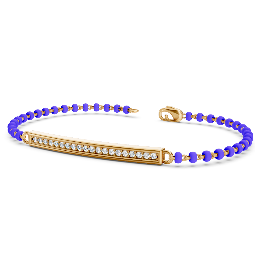 Gold Diamond Bar Blue Bead Bracelet